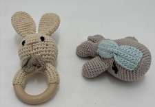 Crochet Bunny Baby Toy Set Wooden Ring Rattle Soft Neutral Whale