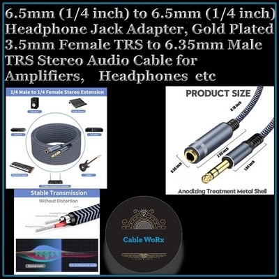 6.5mm (1/4 inch)-6.5mm (1/4 inch) Headphone Jack Adapter, Gold Plated 20FT