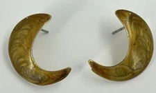 Vintage Crescent Moon Earrings Enamel Swirl Gold & Cream Pierced Stud Womens