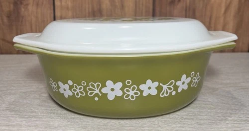 PYREX Casserole Crazy Daisy Spring Blossom "043" 1 1/2 QT Dish w Lid Avocado Vtg