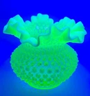 Fenton Hobnail Lime Green Vaseline Opalescent Uranium Vintage Glows Ruffled Edge