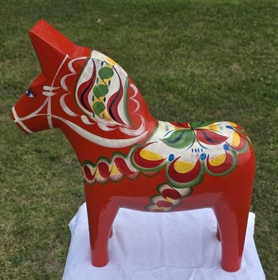 Large 17'' Red Dala Horse Nils Olsson Wooden Painted Sweden With Label