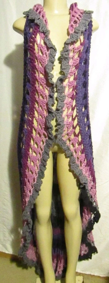 Hecho a mano Crochet Plumero Chaleco Largo Maxi Boho PÚRPURA Rosa Afgano Mujer OS TALL