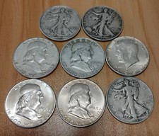 Silver 90 franklin half dollar Walking Liberty Kennedy Lot Of 8