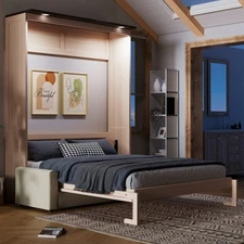 Queen Size Murphy Bed with Sofa and LED Light Wall Bed Hidden Cabinet Bed Frames