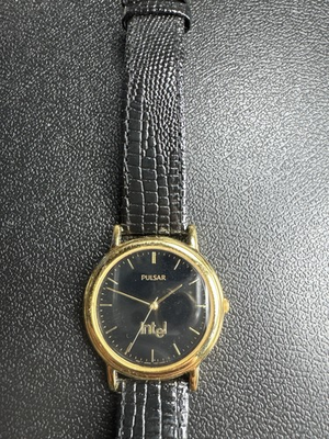 #ad Vintage 2001 Men#x27;s PULSAR Intel Award Gold Tone Watch Black Dial 34mm V501 X024 $29.99