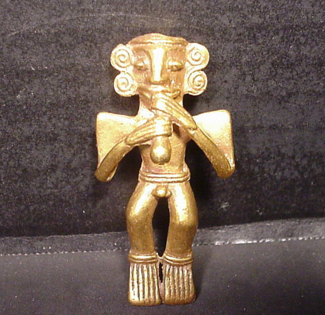 Aztec Mayan Inca Nude Male Figural Brooch Pin Playing Flute