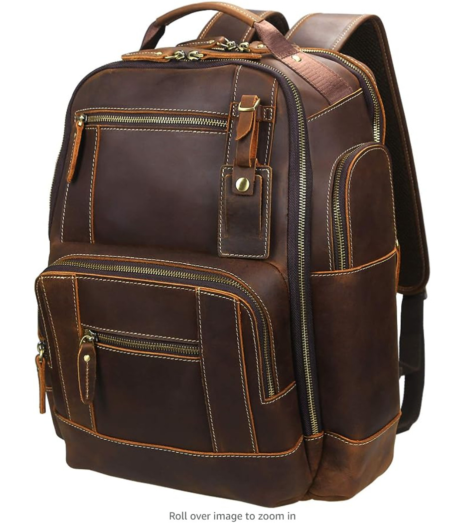 Lannsyne Men's Vintage Full Grain Leather 15.6 Inch Laptop Backpack Camping T...