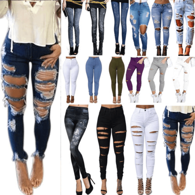 Ladies Pants Womens Casual Ripped Jeans Pants Stretchy Slim Leggings Denim Pants Denim Jeans Stretch Used Look Skinny