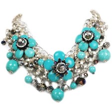 Blue Magnesite Turquoise Crystal Flowers Statement Large Heavy Necklace 16-20"
