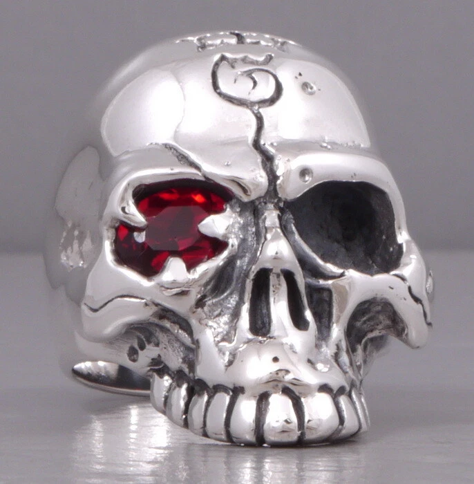 Anillo 32g grueso pesado biker king ojo rojo calavera gótico plata esterlina 925 para hombre Foto 3 de 4
