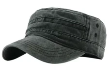 New Military Hat Short Brim Flat Top Army Cadet Washed Distressed Black Cap