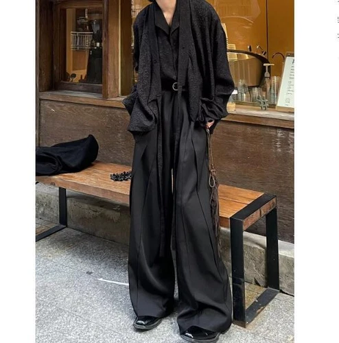 Pantalones para hombre y mujer sueltos pierna ancha cintura media pantalones informales plisados - Imagen 7 de 15