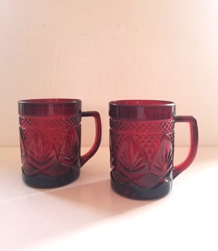 Set of (2) Luminarc Cristal D'Arques Ruby Red Glass Coffee Mugs