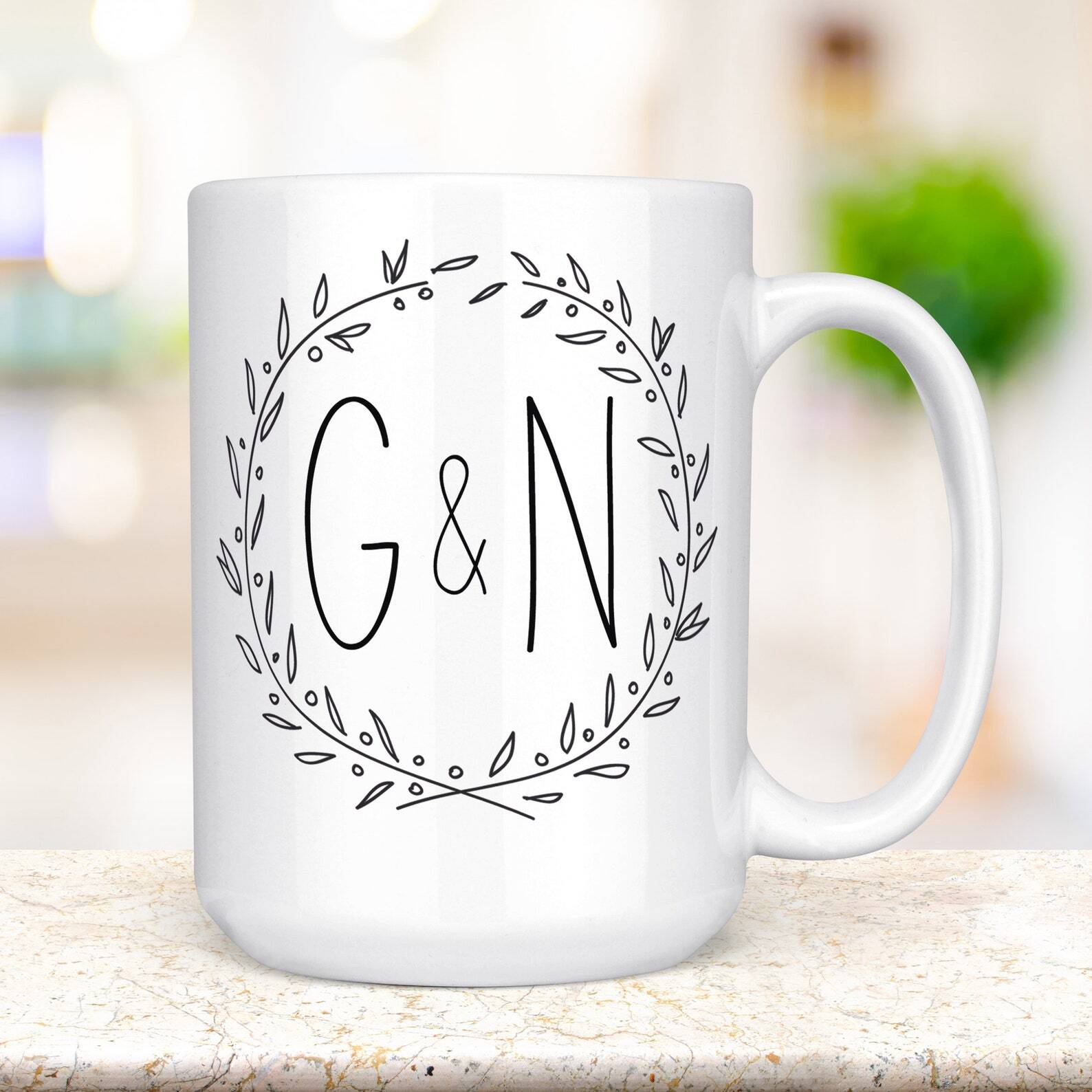 Coffee Mug Monogram Initials Wreath Coffee Cup Couple Initials Coffee Mug