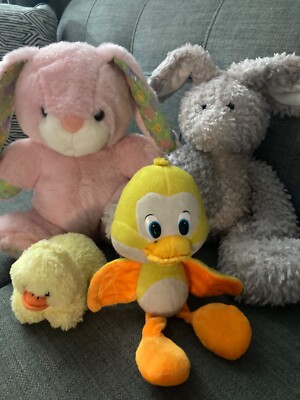 Lot of 4 Reversible pink Easter Bunny & Egg gray bunny chick duck stuffed toys