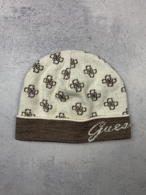 Guess Monogram 4G Logo Beanie Hat Brown Cream Knit Wool Blend Women s