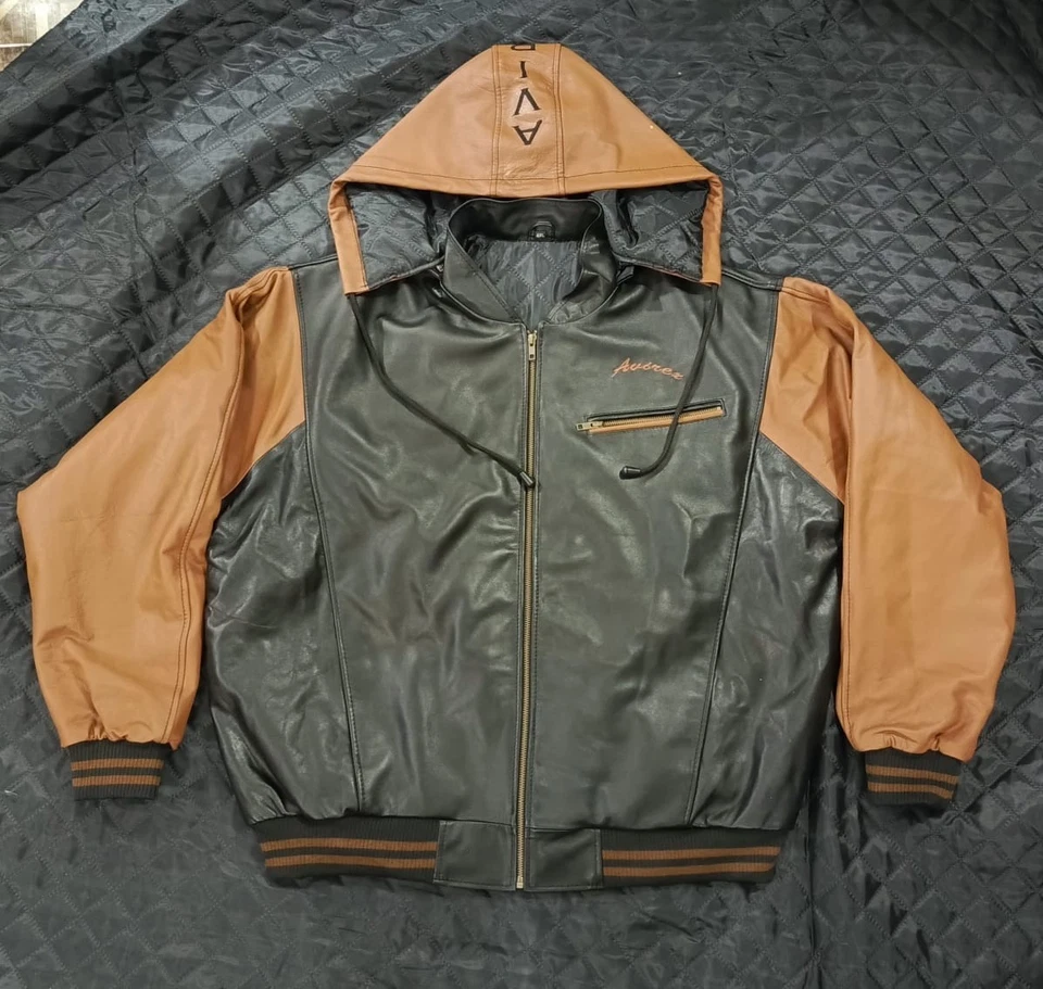 Vintage Avirex  Leather Jacket Millennium Company Hoodie Black Brown Bomber NWT - Image 2 of 4