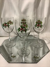 Vintage Holly Holiday 7” Wine Goblet - Set of 4