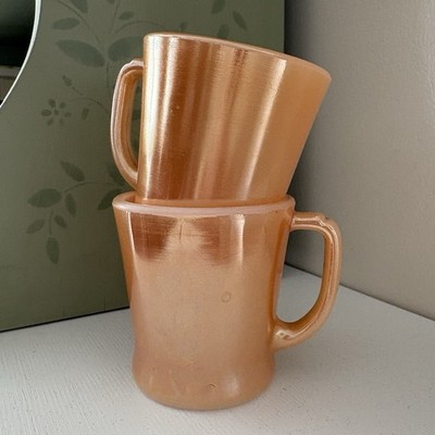 2 Fire King Peach Luster Mug Anchor Hocking D Handle Iridescent Mid Century USA