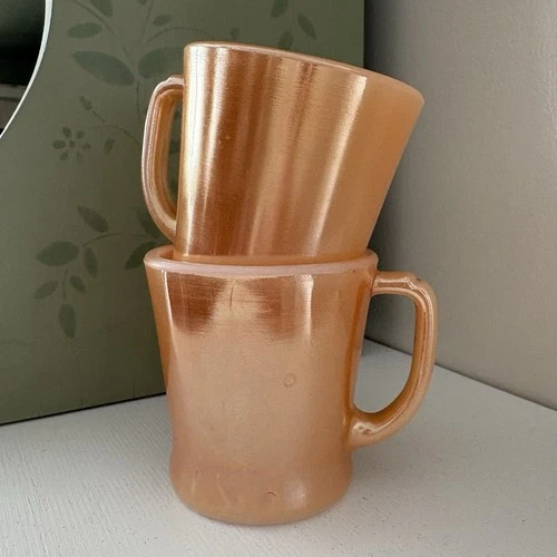 2 Fire King Peach Luster Mug Anchor Hocking D Handle Iridescent Mid Century USA