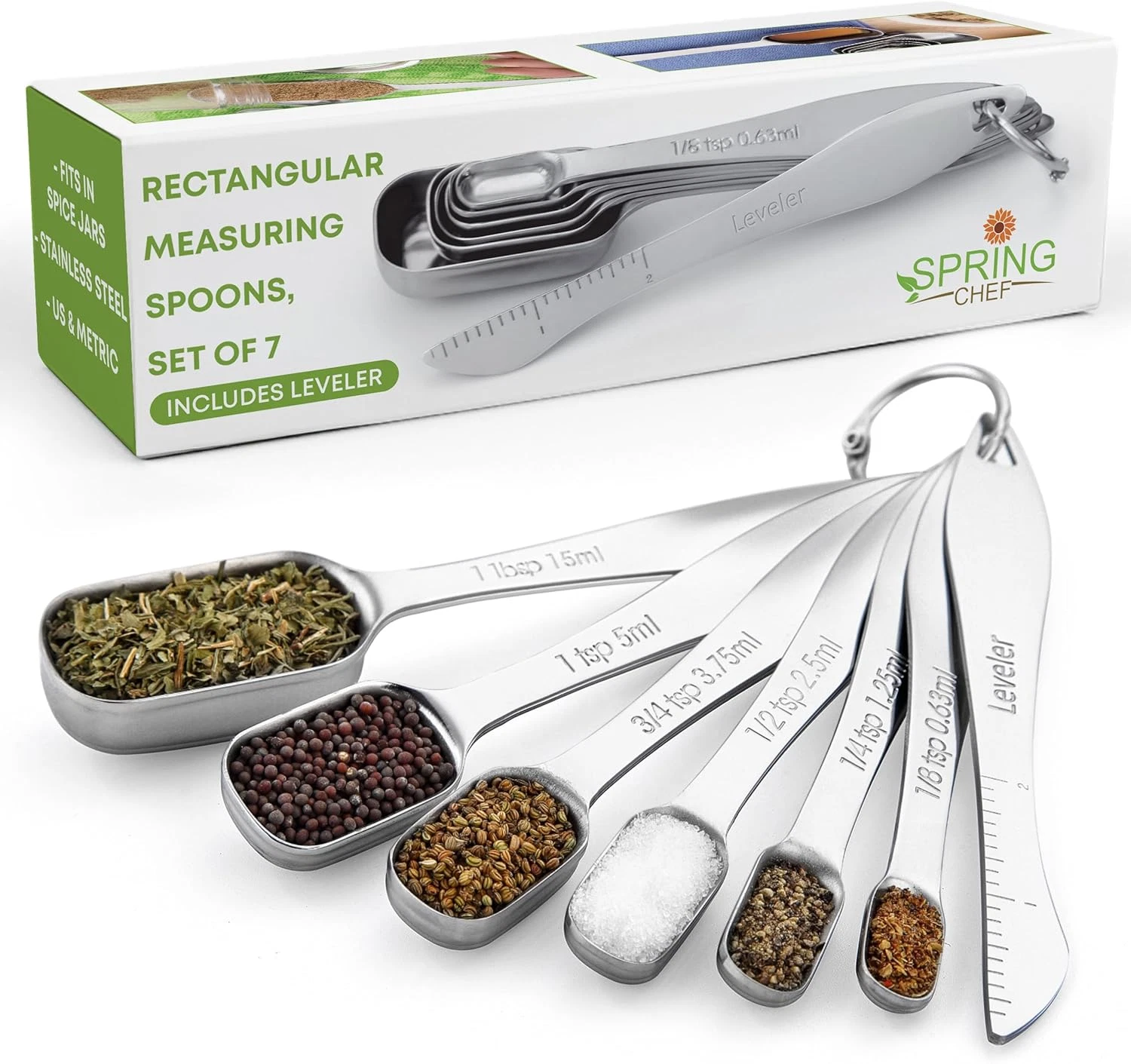 Spring Chef Stainless Steel Measuring Spoons Set of 7 with Leveler, Rectangular