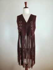 Vintage 1970s Suede Fringe Vest Hippie Festival Western Boho Cowgirl Longline