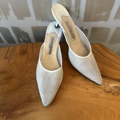 Manolo Blahnik London Rare 80s White Mesh Minimalist Kitten Heel Mules 39.5