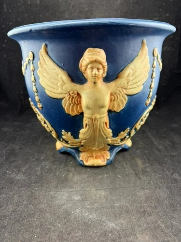Gorgeous ANTIQUE WELLER BLUE WARE Large Angels  Jardinere Planter 9"