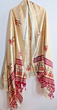 Silk Scarf Shawl Wrap Stole Dupatta Cream Red Batik Work Soft Tasseled 80"x44"