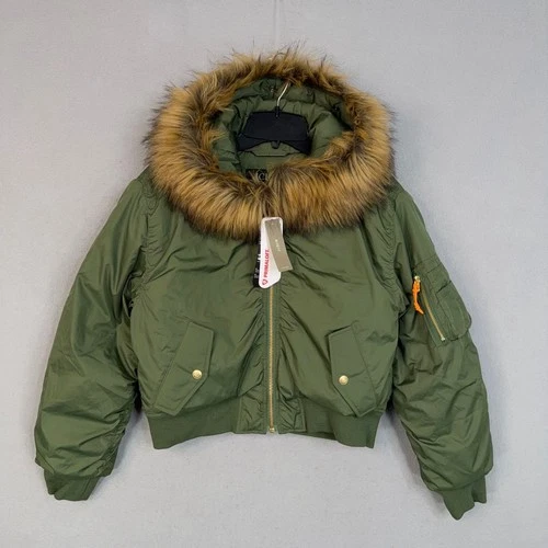 J.Crew Jacket Womens XS Green Primaloft Faux Fur Hood Flight Bomber Puffer