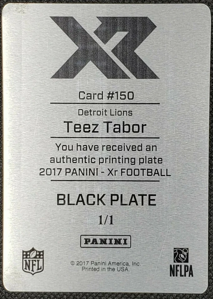 TEEZ TABOR 2017 Panini XR RC Rookie Black PRINTING PLATE SP #1/1 Lions Bears - Image 2 of 2