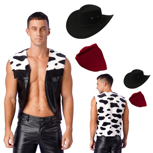 FEESHOW AU Men Cowboy Western Cow Print Vest Festival Halloween Costume Open - Picture 21 of 26