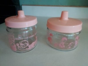 Vintage Set of 2 Baby Nursery Glass Vanity Jars Pink Designs/ Pink Plastic Lids