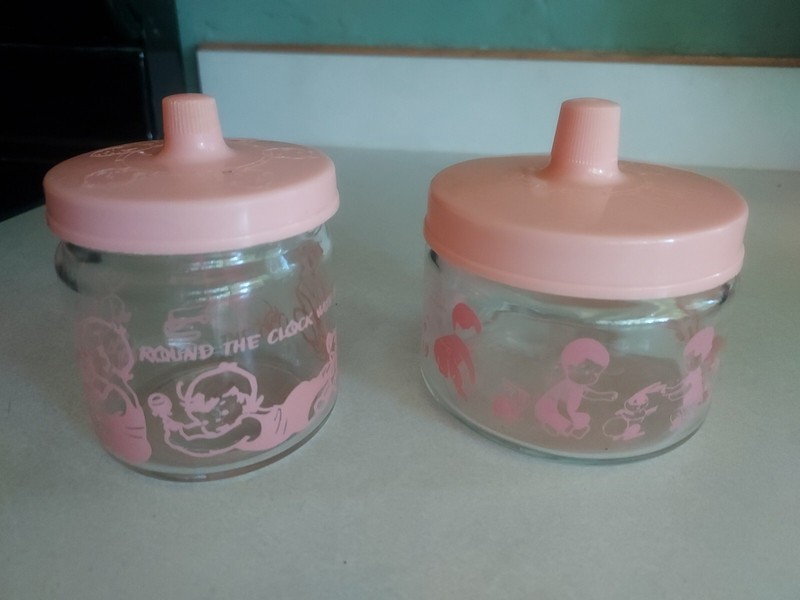 Vintage Set of 2 Baby Nursery Glass Vanity Jars Pink Designs/ Pink Plastic Lids