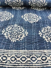 New Indigo Kantha Quilt Bedspread Throw Cotton Blanket Bedcover Block Art King
