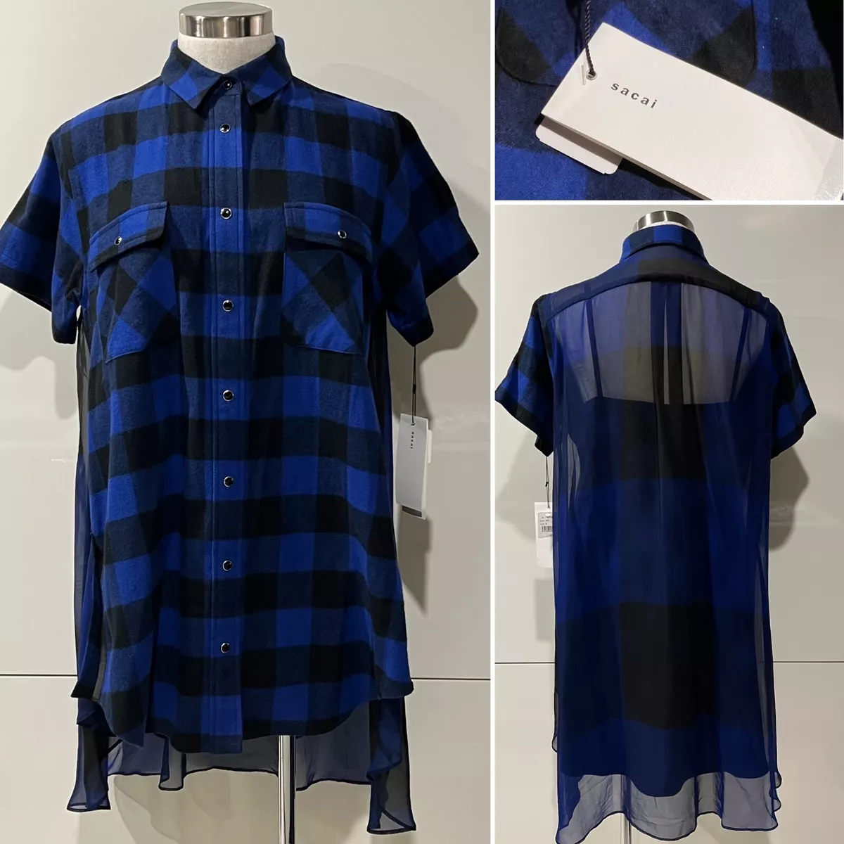 SACAI Japan NWT 1800 Blue Black Check Cotton Chiffon Shirt Dress 4
