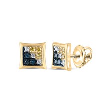 10k Yellow Gold Round Blue Color Enhanced Diamond Square Kite Earrings0