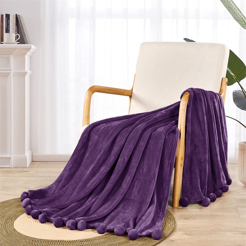 Boho Fleece Throw Blanket with Pompom Fringe – Lightweight, Warm & Cozy Decor - Picture 93 of 152