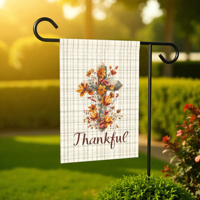 Thankful Fall Flowers Cross Garden Flag Double Sided 12x18 24x32 Outdoor