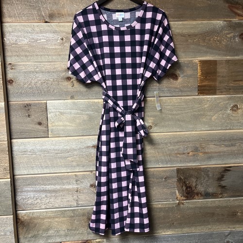 LuLaRoe Marly Midi Dress Size XL NWT Pink black Buffalo Check With Belt - Picture 6 of 7