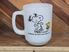 Vintage 1965 Fire King Peanuts Snoopy & Woodstock Dancing Joy Milk Glass Mug