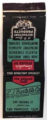E J Bartells Company San Francisco CA California Vintage Matchbook Cover