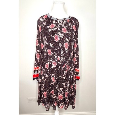DR Floral Swing Dress L Tie Belt Semi-sheer Sleeves Chic Boho Peasant Cottage