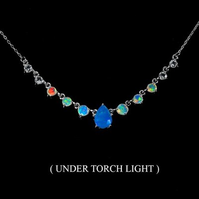 925 Sterling Silver Necklace Pear Blue Opal 8x6mm Fire Opal Gemstone Jewelry 15