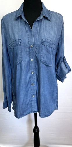 JUST LIVING WOMENS LARGE DENIM BLUE 100% TENCEL TUNIC TOP