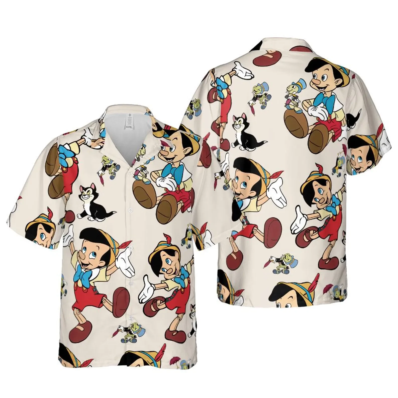 Pinocchio and Friends Hawaiian Shirt, Fantasy Cartoon Button-Up Shirt