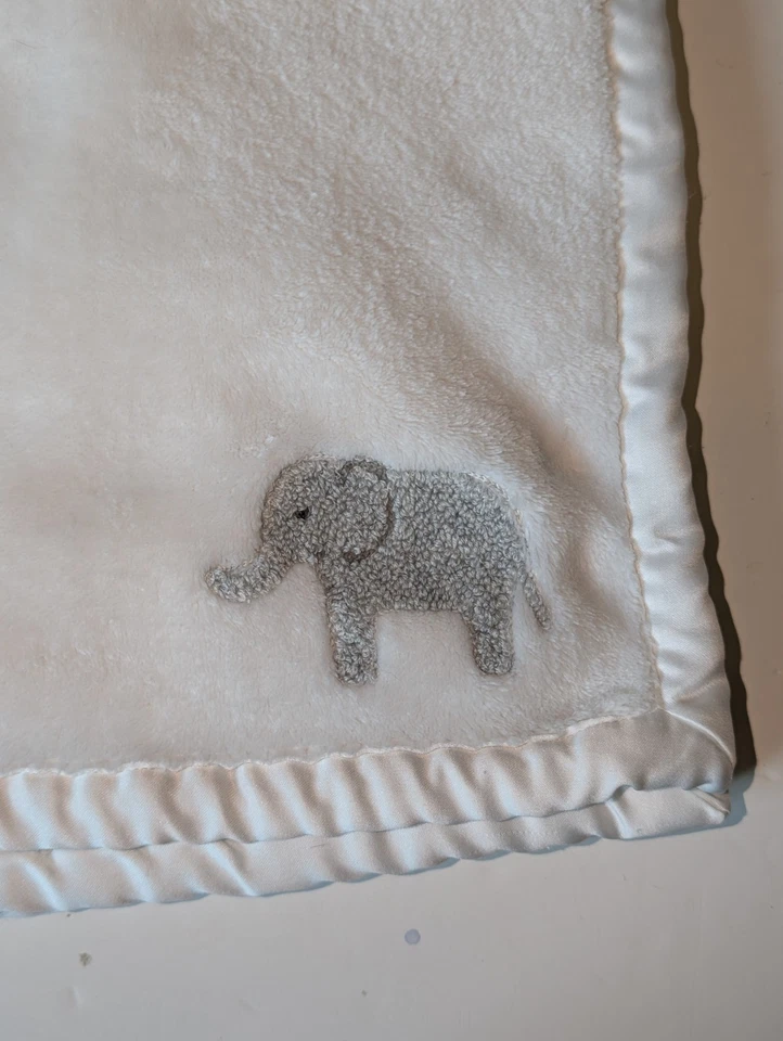 Carter's OS White Baby Blanket Satin Trim Embroidered Gray Elephant Soft Fleece  - Image 4 of 4