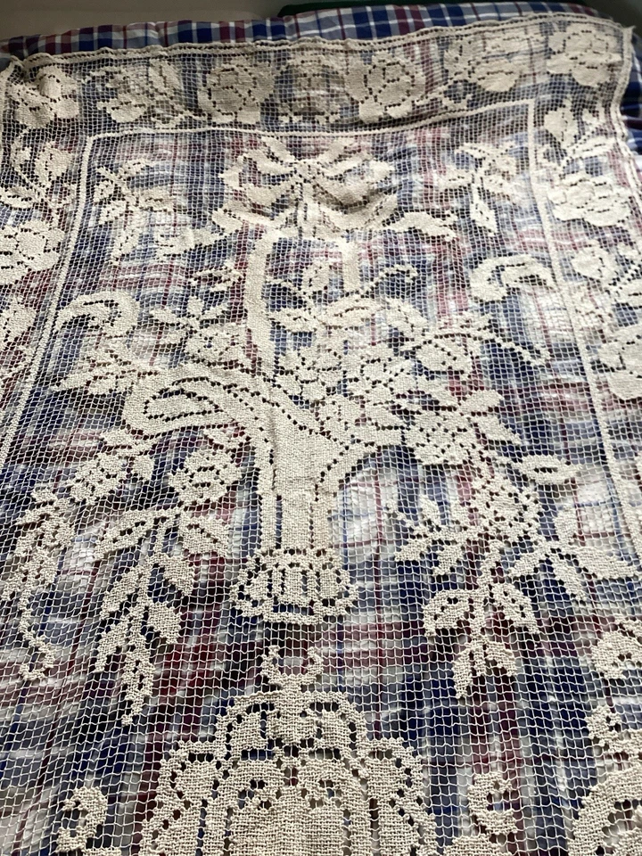 Rideau En Filet Fait Main 125x220 Cm Motif Corbeille De Fleurs 1930 - Photo 2/4