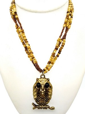 Retro Owl Pendant Necklace, Vintage Brown Multi Strand Choker from Avon
